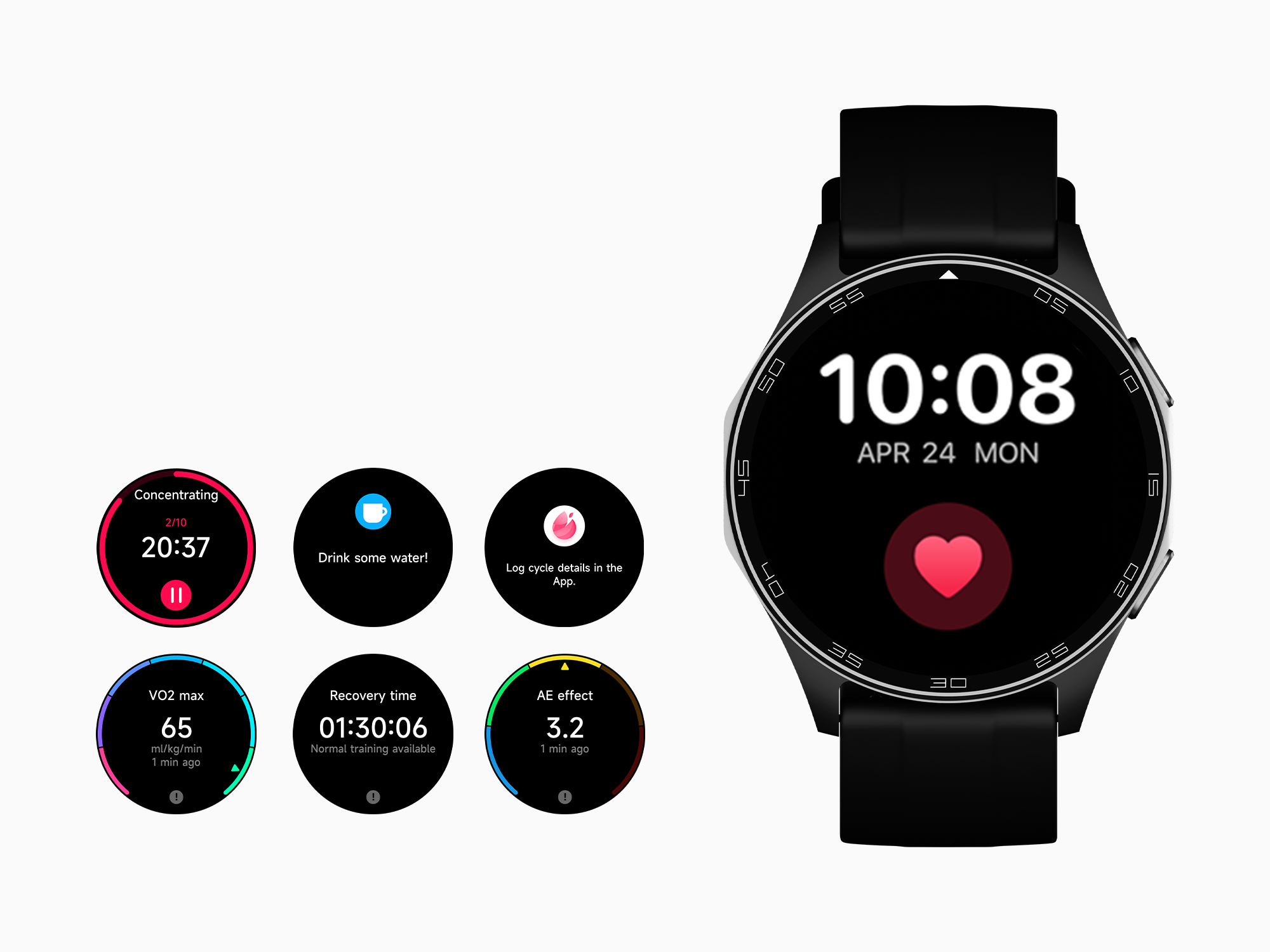 Black Tinymoose Atlas Smartwatch – heart rate, SpO2, menstrual tracking, VO2 max, and 150+ fitness modes. | ساعة تاينيموس أطلس السوداء – تتبع نبض القلب، الأوكسجين، الدورة الشهرية، VO2 Max، وأكثر من 150 وضع رياضي.