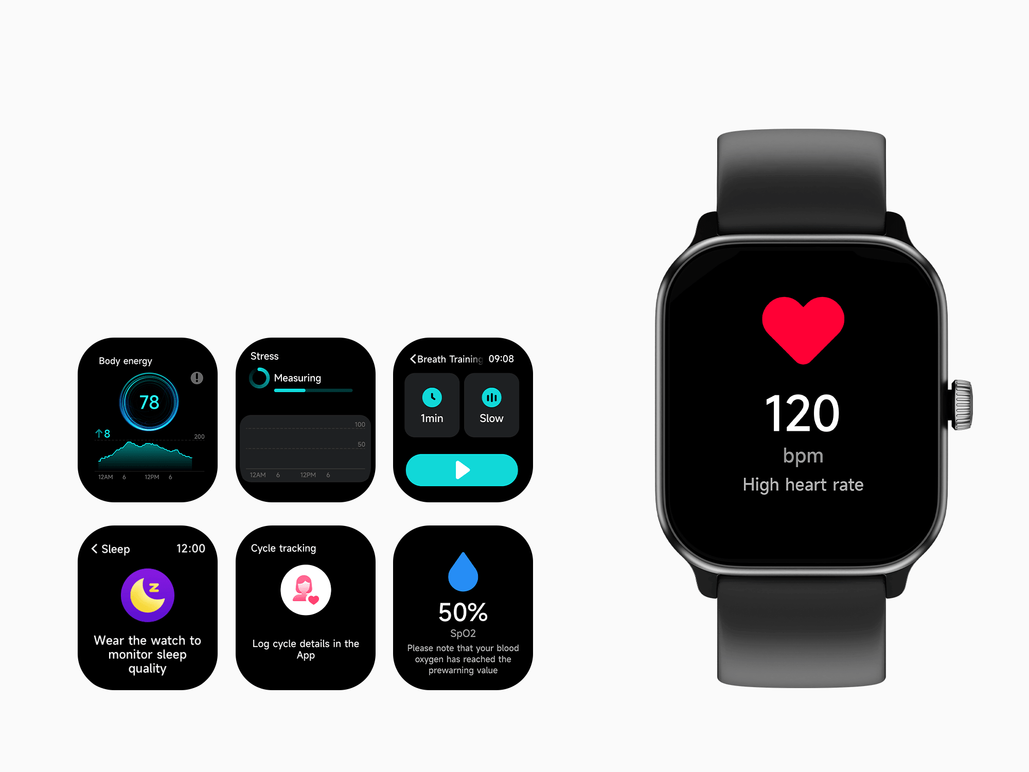 Black Tinymoose Tempo Smartwatch – heart rate, SpO2, sleep, stress, and cycle tracking. | ساعة تاينيموس تيمبو باللون الأسود – تتبع النبض، الأوكسجين، النوم، التوتر، والدورة.