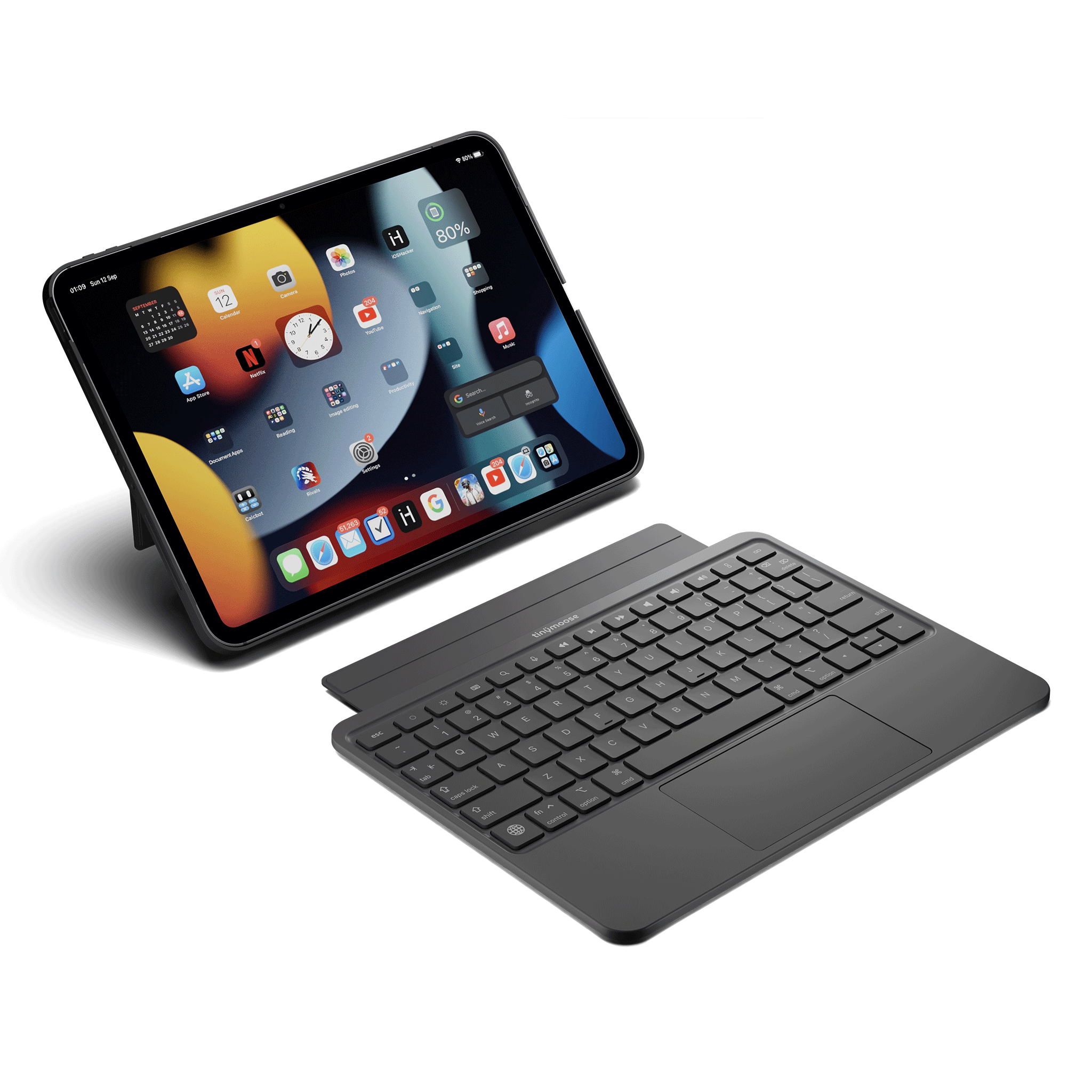 SpacePad iPad Keyboard - Black - (iPad 11 (A16) / iPad 10th Gen) with iPad on display.