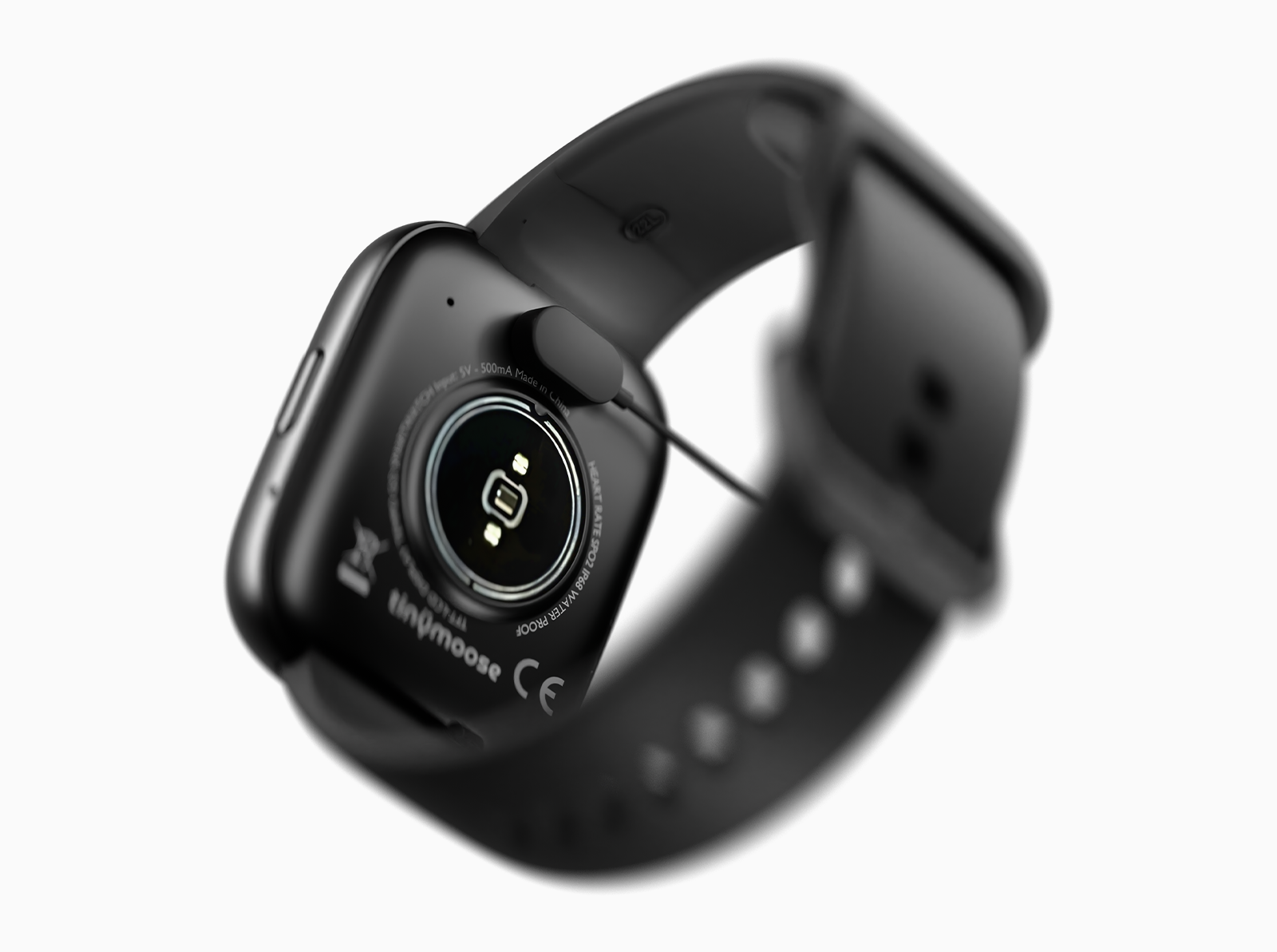 Black Tinymoose Tempo Go Smartwatch – magnetic charger, heart rate sensor, USB charging, 10-day battery. | ساعة تاينيموس تيمبو جو – شاحن مغناطيسي، حساس نبض، شحن USB، وبطارية تدوم 10 أيام.