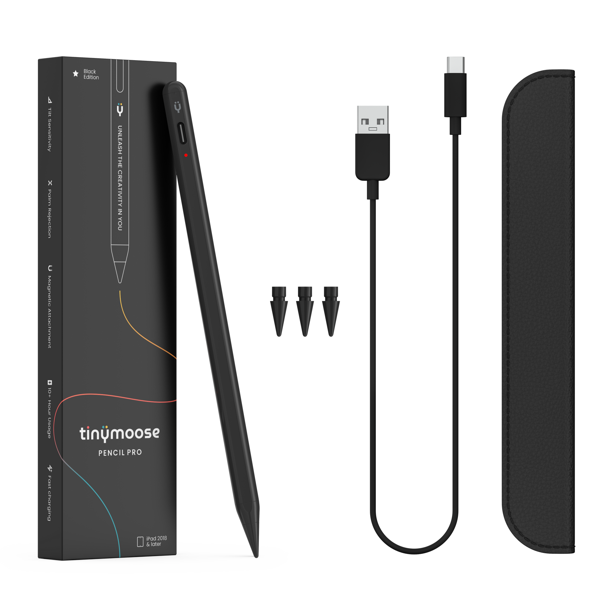 Tinymoose Pencil Pro Black Edition Package, Stylus, Nibs, Charging Cable and Case